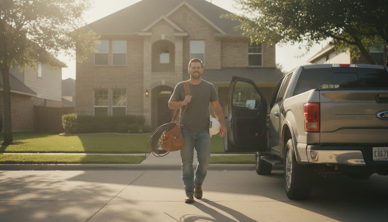 An electrician leaving a job site at golden hour