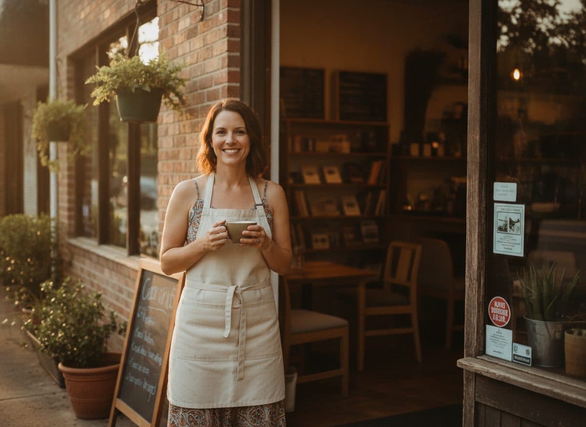 A coffee-shop owner in the doorway of her cafe