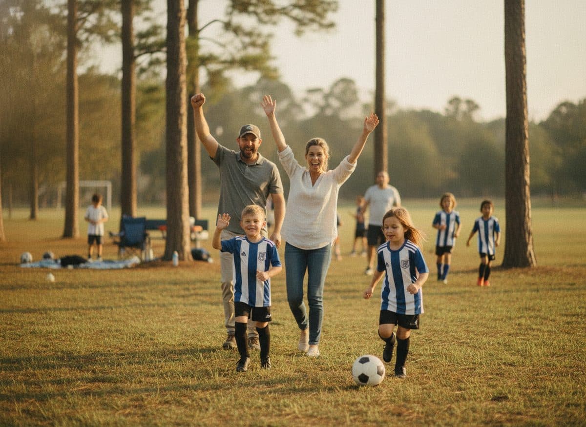 A family together at a youth soccer game in a Houston park