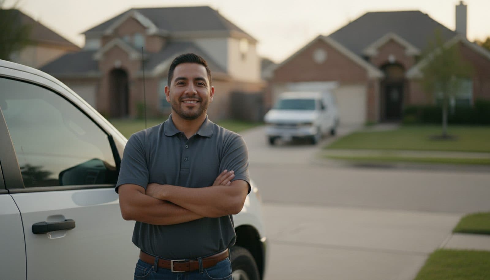 A self-employed Houston contractor by his pickup at golden hour