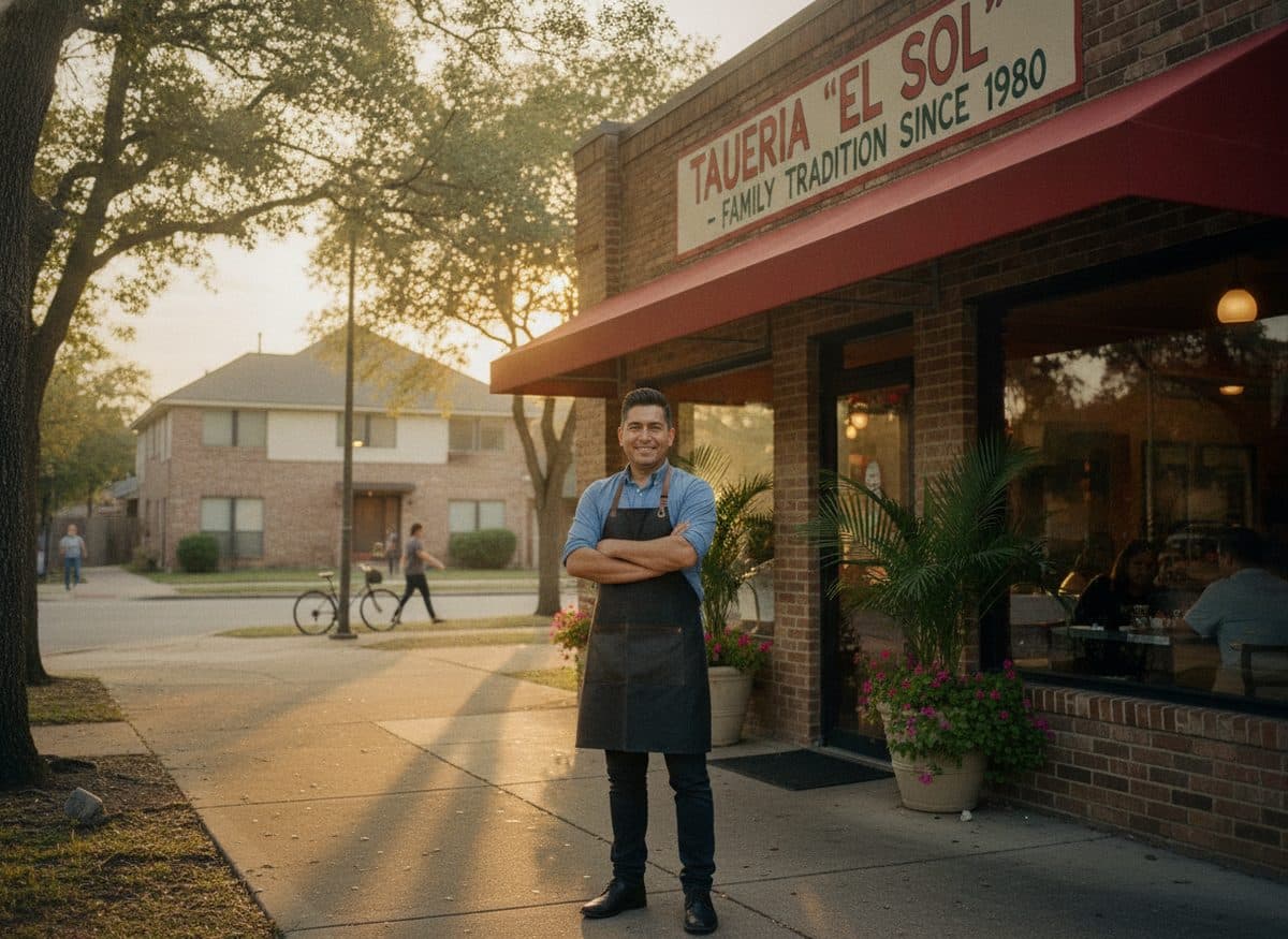 A taqueria owner standing in front of his restaurant